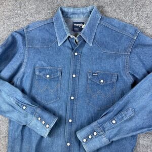 Vintage Wrangler Shirt Mens L 17 Blue Denim Pearl Snap Long Sleeve Made in USA